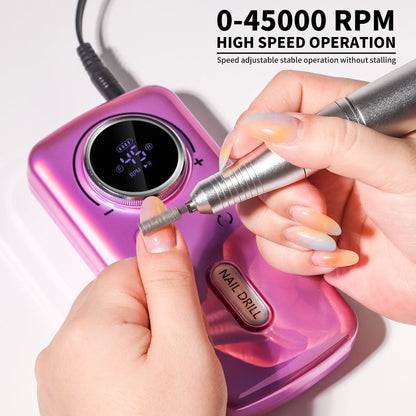 Cordless 45000 RPM Nail Drill Kit with Rechargeable 1800mAh Battery, USB-C Charging and Three Color Options