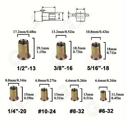860pcs Rivet Nut Kit SAE UNC Assortment for Entryways, Bedrooms and Living Spaces, with the Listed Configuration