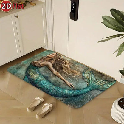 Mermaid Print Rectangular Bath Mat with Teal Ocean Artwork and 31 × 20 Inch Size for Bathroom Floor Decor