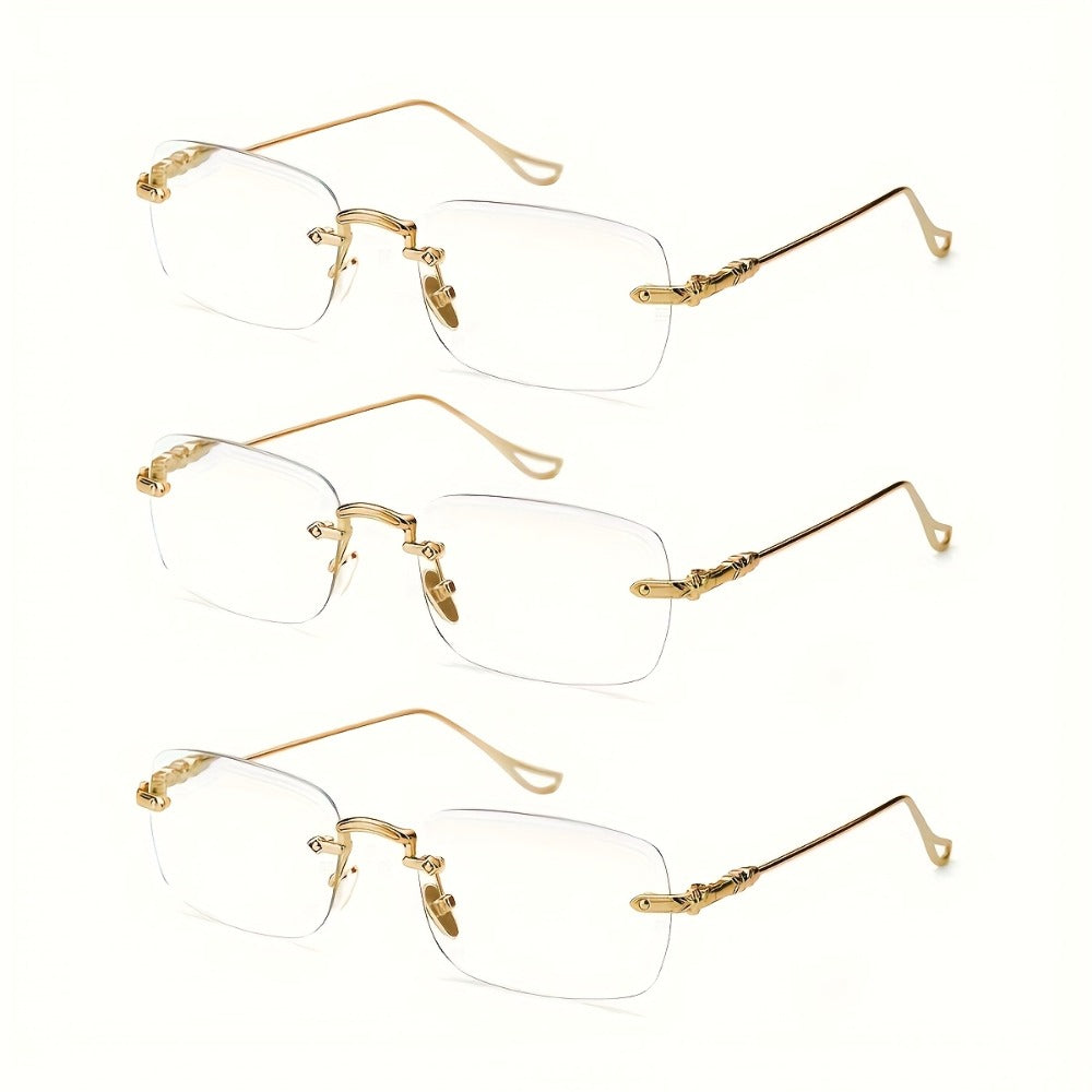 Reading Glasses – Three-Pair Rimless Metal Readers in Multiple Colors and Strengths with Multiple Strength and Color Options