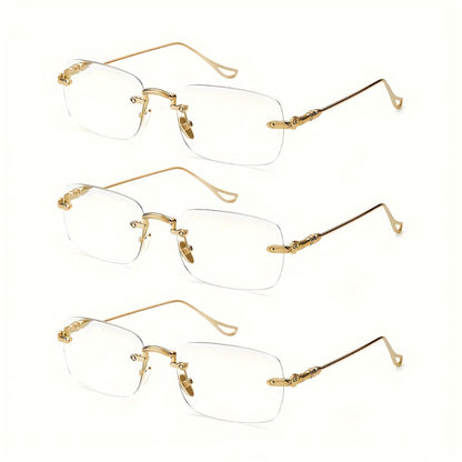 Reading Glasses – Three-Pair Rimless Metal Readers in Multiple Colors and Strengths with Multiple Strength and Color Options