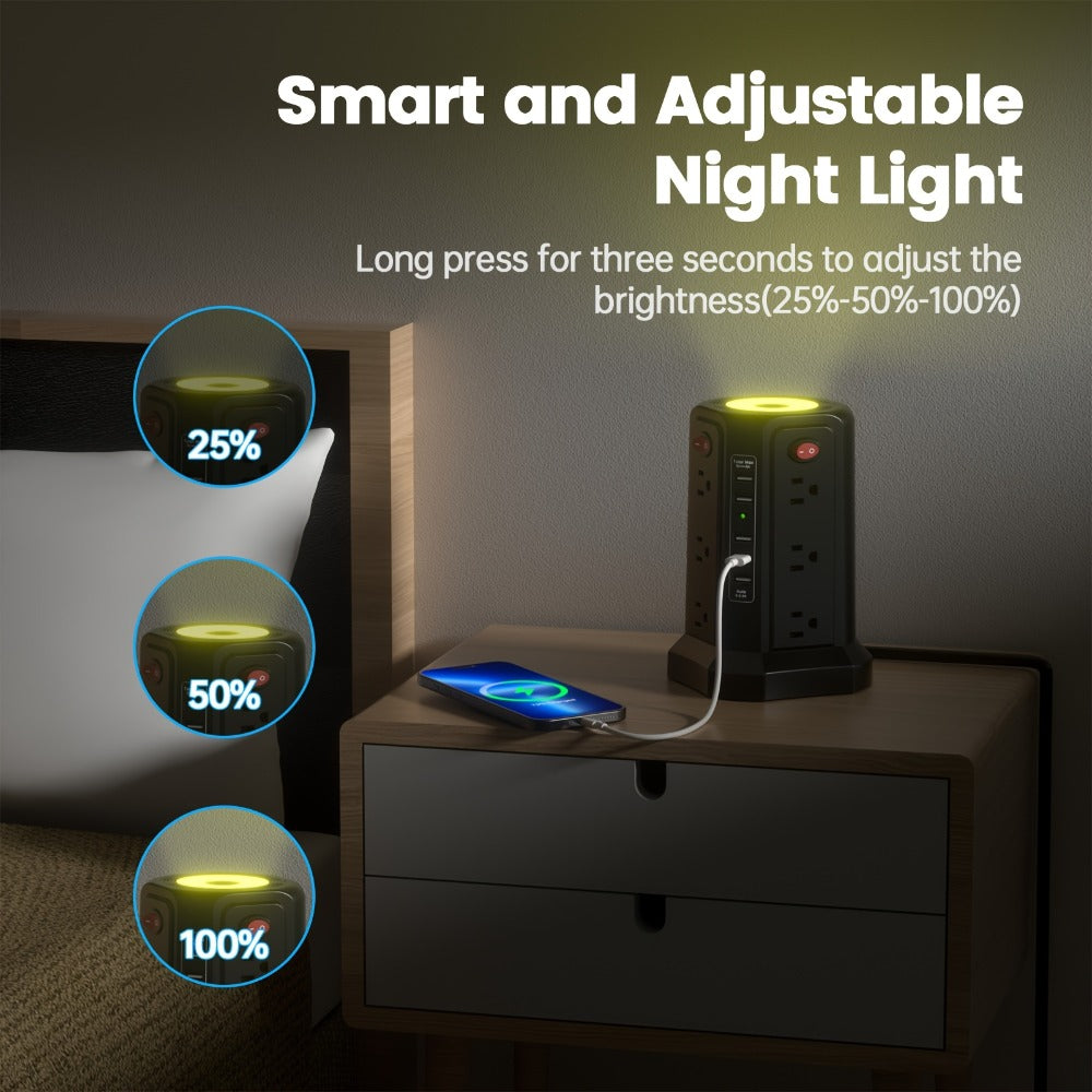 Night Light Power Tower Surge Protector 17-in-1, 12 AC Outlets & 5 USB Ports, 10.2ft Extension Cord