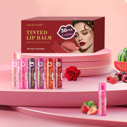 MISS FACTOR 30-Piece Tinted Lip Balm Set with Capped Tubes Organized into Six Color Groups