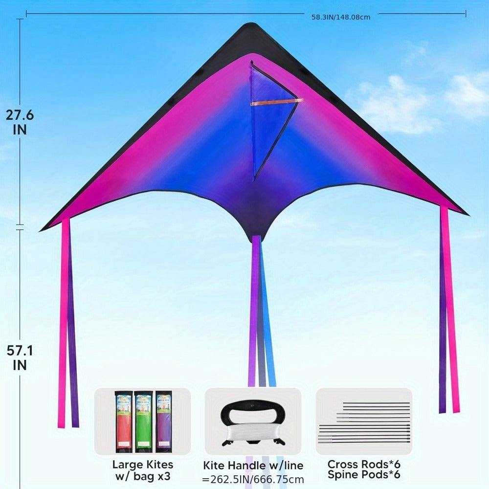 Large Delta Kite 3 Pack for Kids & Adults, Gradient Easy-to-Fly Kites with 58-Inch Wingspan & 262.5 Ft String
