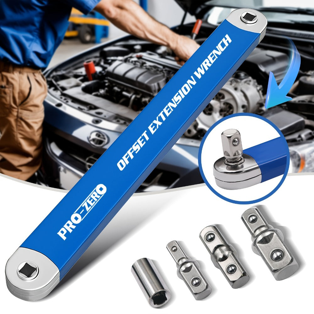 Ratchet Wrench 2-in-1 Offset Extension with 1/4" 3/8" 1/2" Square Head Adapters, 180-Degree Rotation High Torque Non-Slip Handle