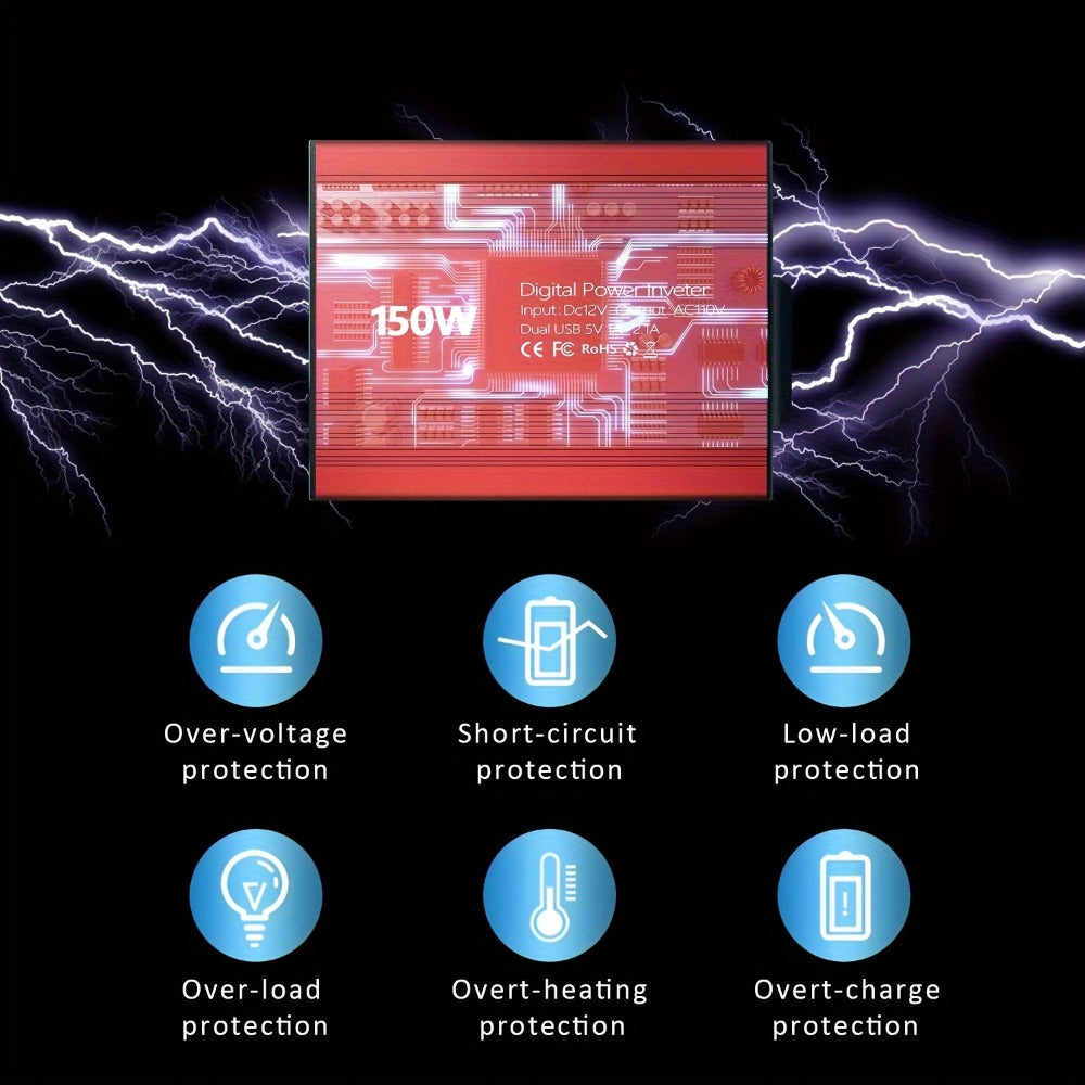 Red 150W Car Power Inverter with 12V DC Plug, 110V AC Outlet and Two USB-A Charging Ports for Vehicles