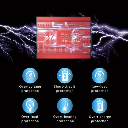 Red 150W Car Power Inverter with 12V DC Plug, 110V AC Outlet and Two USB-A Charging Ports for Vehicles
