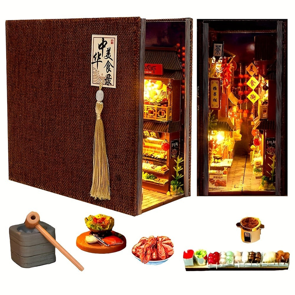 Book Nook Kit Chinese Food Street Miniature Dollhouse 3D Wooden Puzzle Bookshelf Insert DIY Model Building Set for Adults Teens