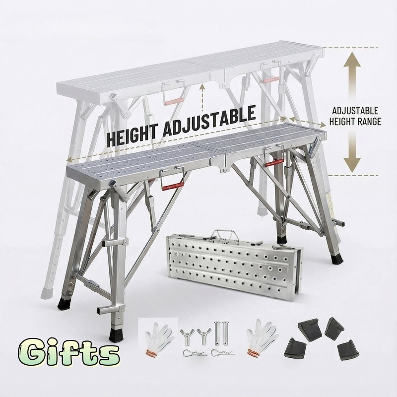 Aluminum Work Platform Height Adjustable Folding Portable Scaffold Bench Wide Base Safety Railing for Garden, Patio and Yard Use
