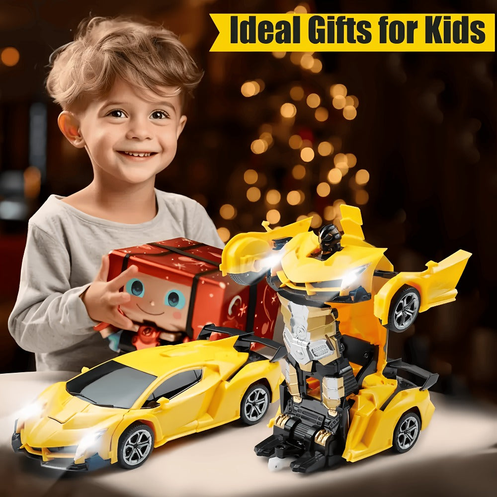 Remote Control Car, 1:18 Transforming Robot Model with One-Button Change, LED Lights, 360° Drift and Four Colors