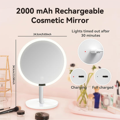 Makeup Mirror Round LED Desktop Stand with Detachable 10X Suction Mirror, Three Light Colors, Touch Dimming and USB Power