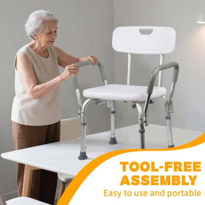 Shower Chair with Armrests & Backrest, Height Adjustable Aluminum Bath Seat, Rubber Feet, Cushioned Support for Elderly