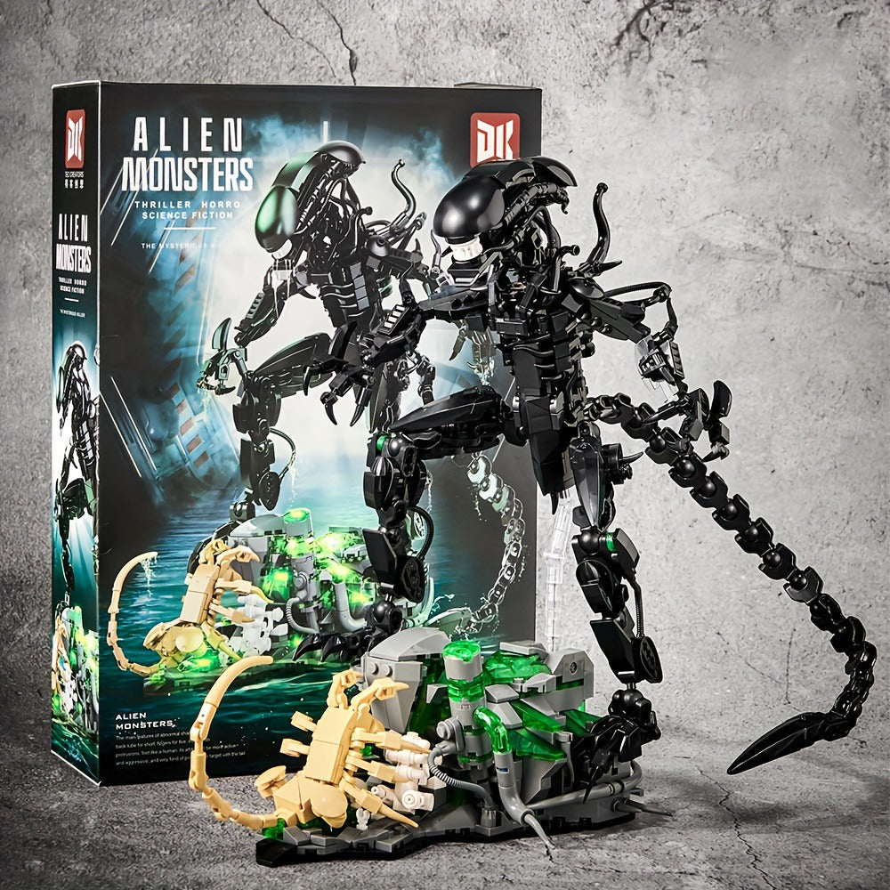 Building Block Set Alien Beast with 958 Pieces, Articulated Black Figure, Scene Base and Long Tail