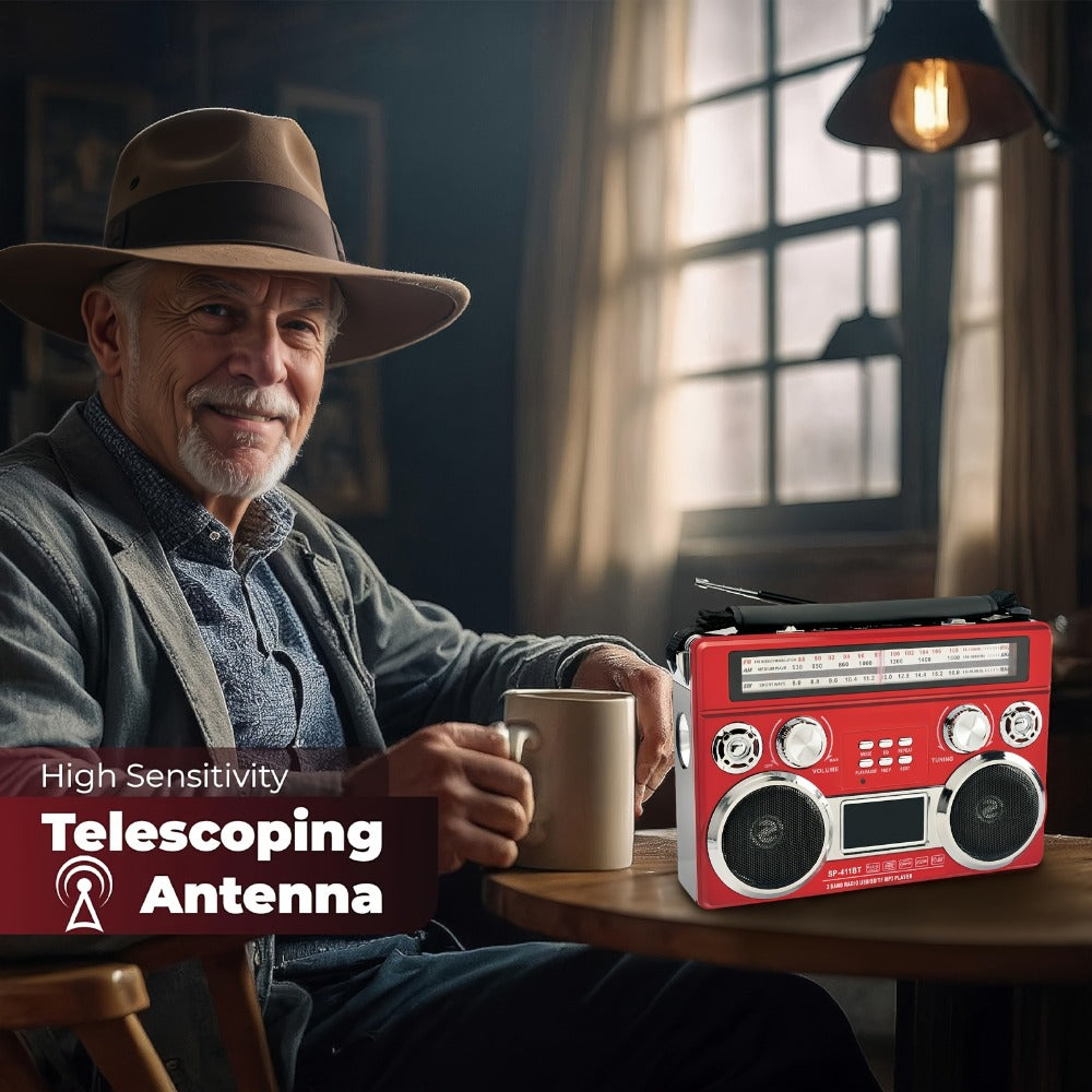 Solar Powered Bluetooth Radio Retro Portable AM FM SW with LED Flashlight, TF SD USB AUX MP3 Playback