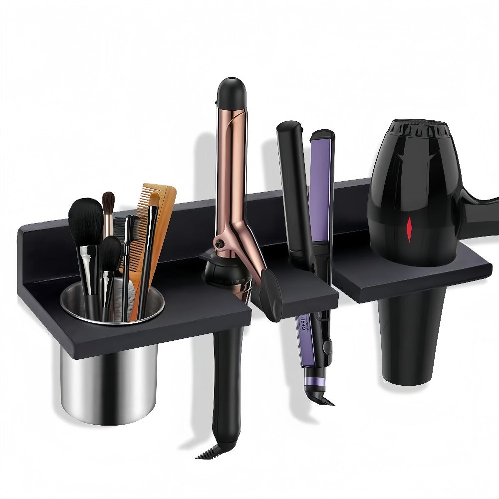 Wall Mounted Hair Tool Organizer – Wooden Hair Dryer Holder & Storage Rack for Curling Iron, Straightener & Brushes