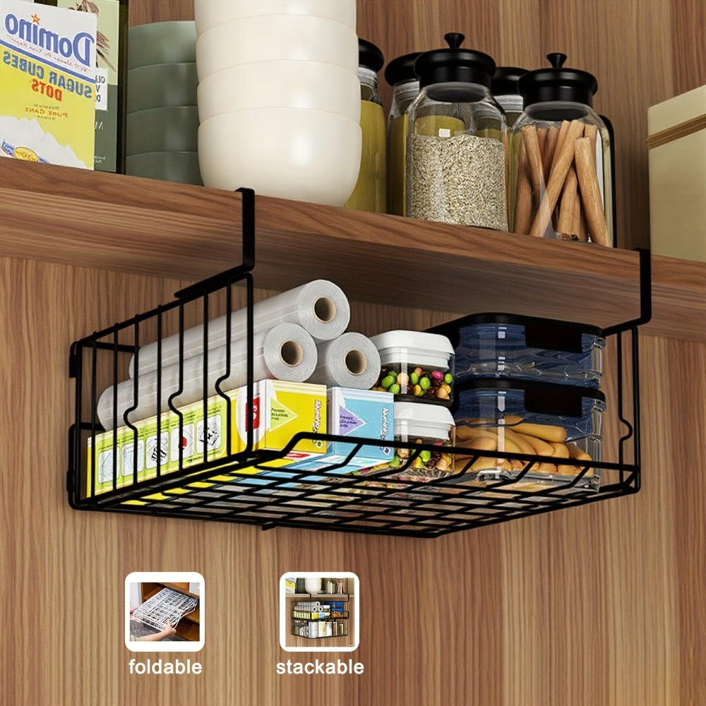 Wall Mount Foldable Storage Basket – Metal Organizer, Collapsible Space Saving for Kitchen Cabinet