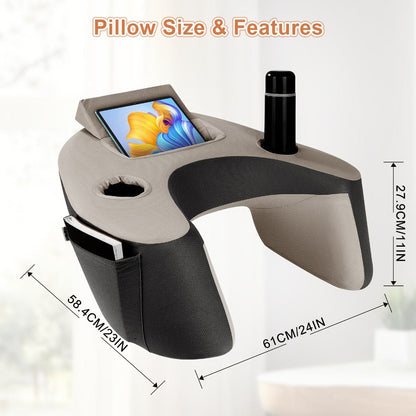 Reading Pillow with Armrests Bed Rest Pillow Back Support Cushion Side Pockets Cup Holder for Entryways, Bedrooms and Living Spaces