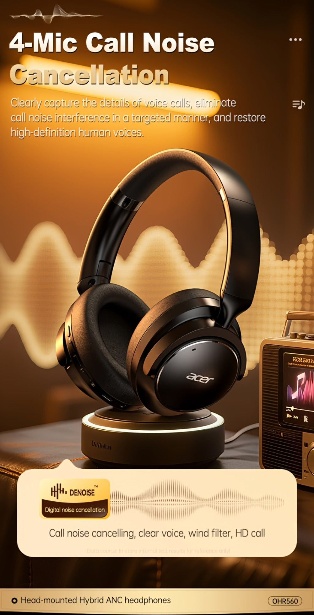 Acer OHR560 Over-Ear Headphones with Bluetooth 5.3, 40mm Drivers, ANC and ENC Labels, Foldable Earcups and AUX