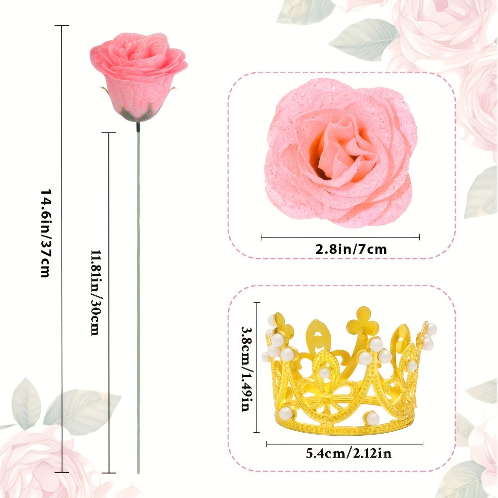 Artificial Rose Bouquet 24 Glitter Roses with 6 Golden Butterflies, Everlasting Shiny Fake Flower Bouquet for Wedding