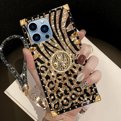 Phone Case Leopard Print Rectangular Cover with Ring Grip Kickstand for Select iPhone 12–16 Models