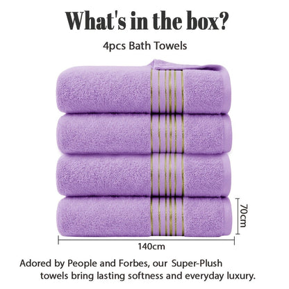 Bath Towels Set 4-Pack 620GSM Bamboo Cotton Blend in Pink, Navy, Gray, Blue or Purple for Home and Guest Use