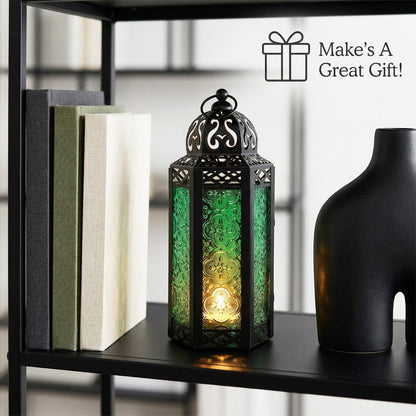 Moroccan Candle Lantern Holder - Decorative Metal & Glass Lantern with Embossed Floral Design for Indoor Home Decor