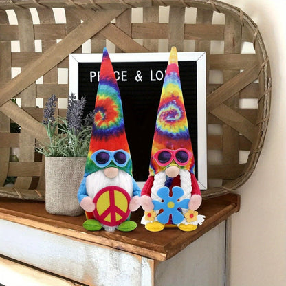 Hippie Gnomes Decorations 2 Pack – Groovy Tie Dye Tomte Figurines with Peace Sign & Fashion Glasses, 13.5" Swedish Gnome Shelf Sitters