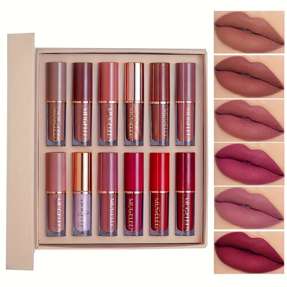 Non-Stick Matte Lip Gloss Set 12 Pcs Non-Fading Long-Lasting Liquid Lipstick Assorted Colors with Wand Applicator