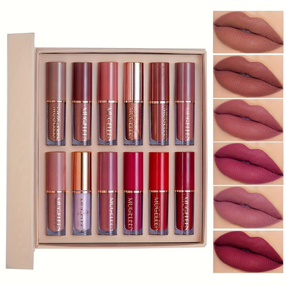 Non-Stick Matte Lip Gloss Set 12 Pcs Non-Fading Long-Lasting Liquid Lipstick Assorted Colors with Wand Applicator