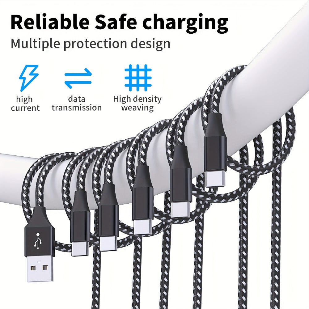 Five-Pack Braided USB-A to USB-C Charging Cables in 3.3, 6.6 and 10 ft Lengths, Black and White