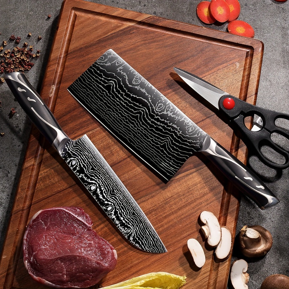 Kitchen Knife Set 7-Piece Damascus-Pattern Stainless Steel with Four Knives, Shears, Honing Rod and Rotating Block