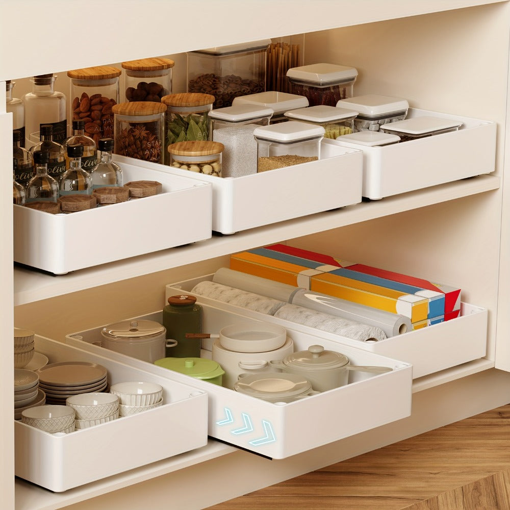 Pull-Out Cabinet Organizer 2-Pack Retractable Slide-Out Storage Bins No Drill Removable Kitchen Pantry Bathroom Shelf Organizer Boho Style