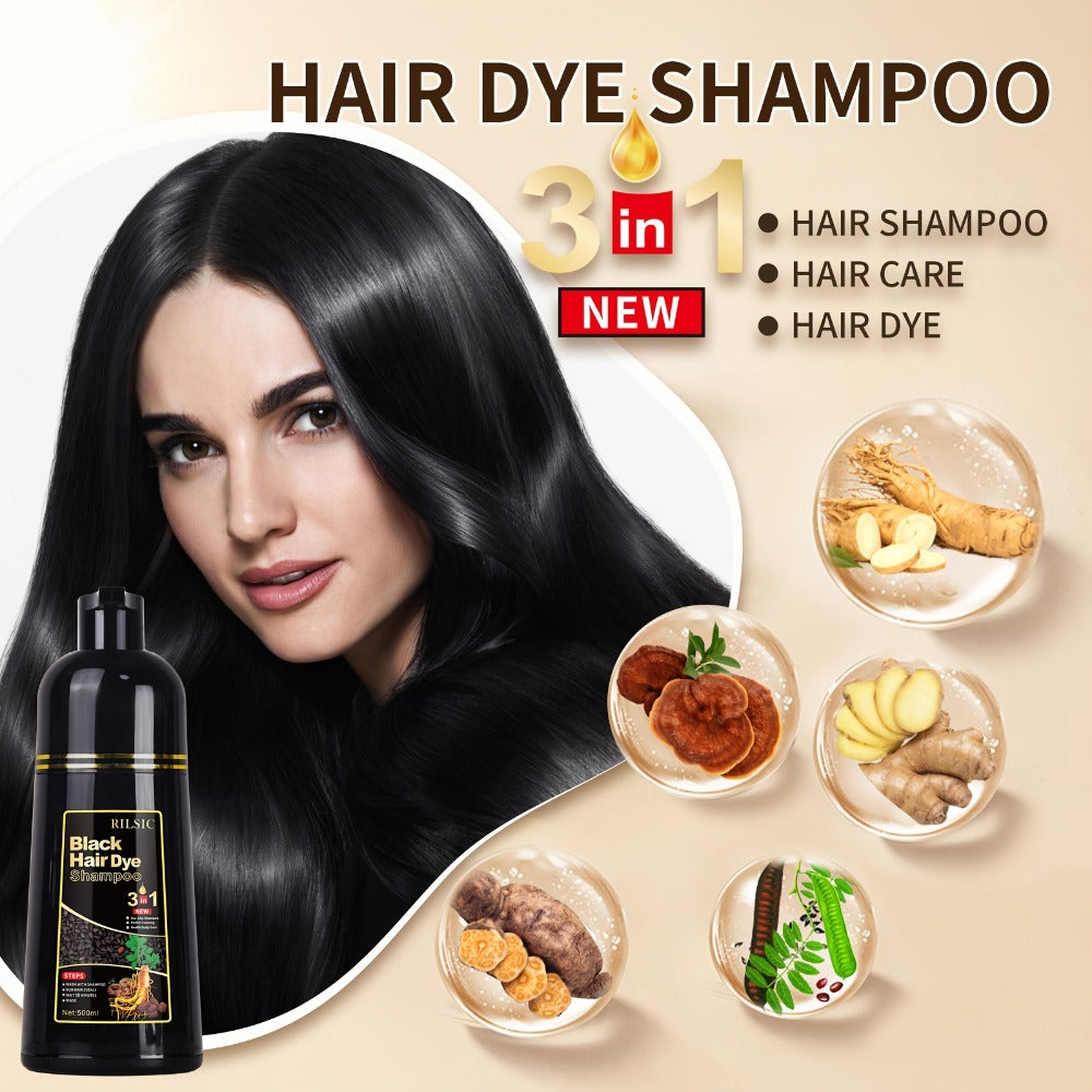 Grey Hair Dye Shampoo 3-in-1 Natural Plant-Based Herbal Formula – Non-Stick Scalp, Covers White Hair in Minutes, 500ml – Black, Dark Brown