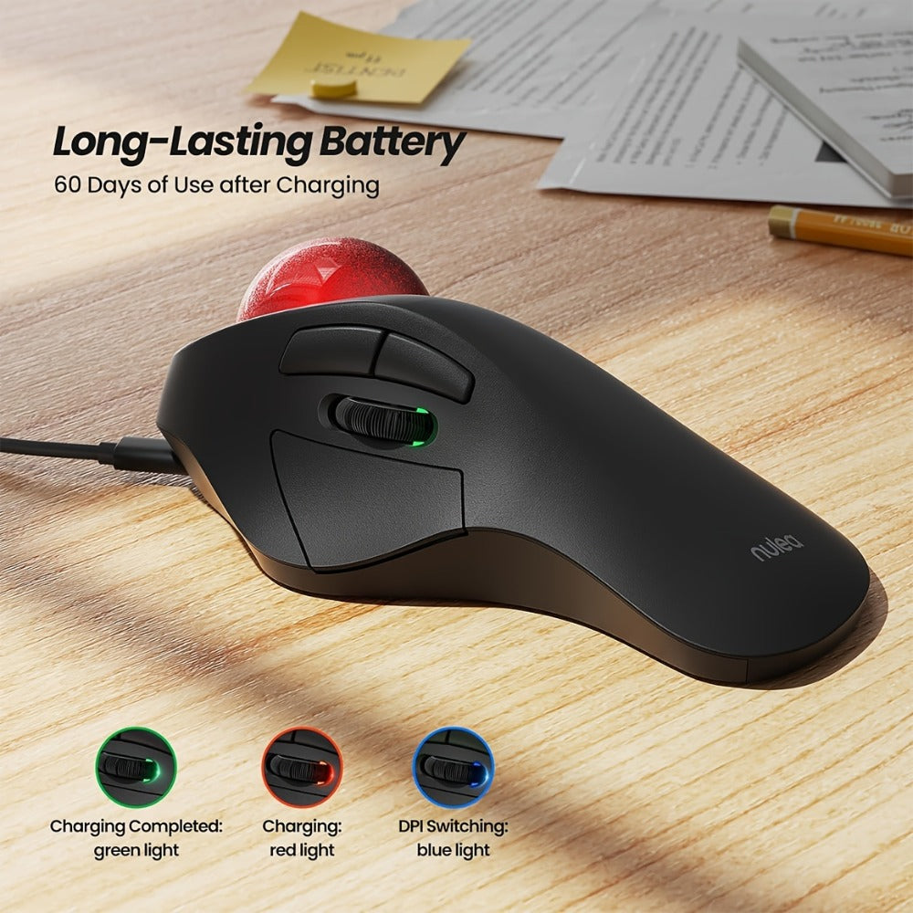 Wireless Trackball Mouse, Rechargeable Bluetooth & 2.4G, 44mm Index Finger Rollerball, 5 DPI Levels