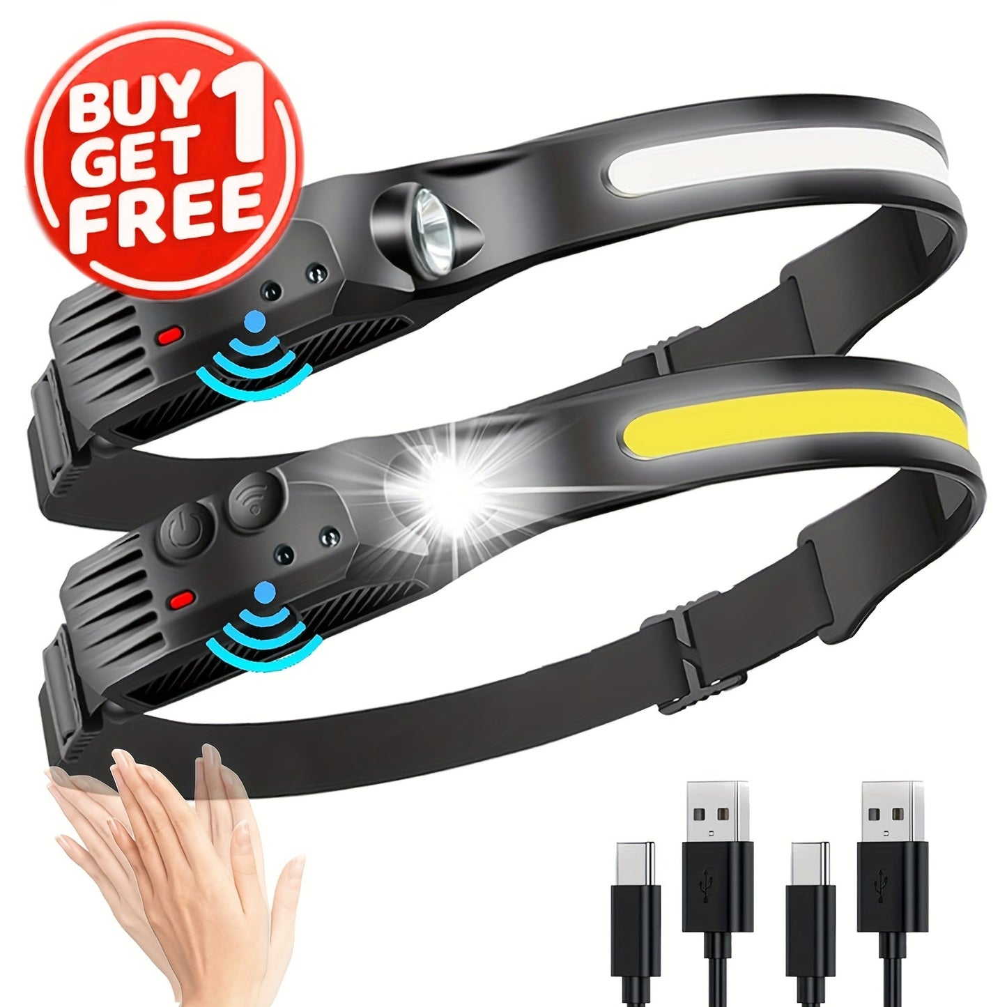 Two-Pack Rechargeable COB Headlamps with 230° Beam, Motion Sensor and Three Light Configurations