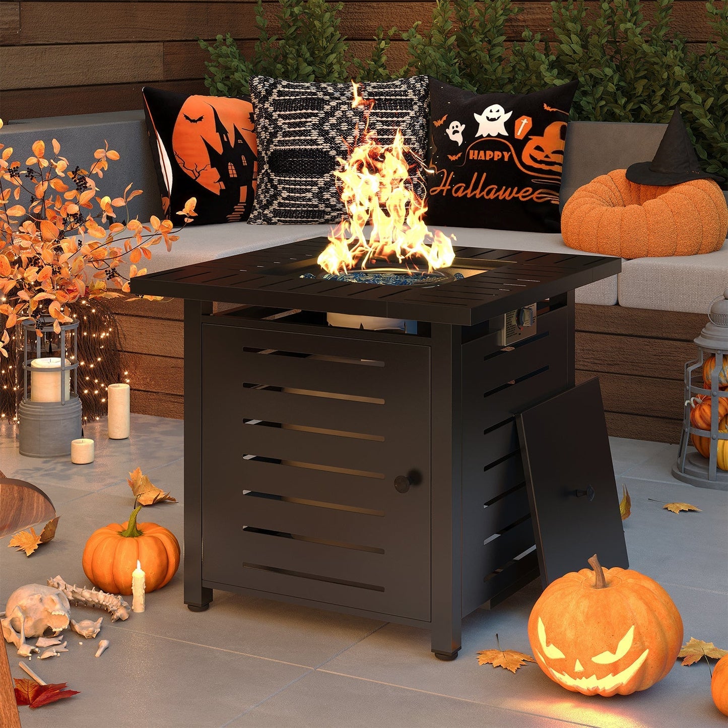 Propane Fire Pit Table Outdoor 50, 000 BTU Gas Fire Table with Lid Lava Rocks & Cover for Patio Backyard Deck Black Brown 40"/44"