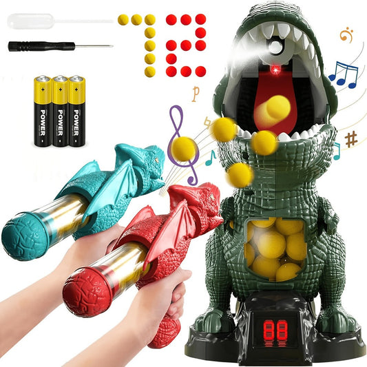 Dinosaur Shooting Toy Set for Kids, Air Pump Foam Bullet Blaster with Moving Dinosaur Targets, Twin Pistol