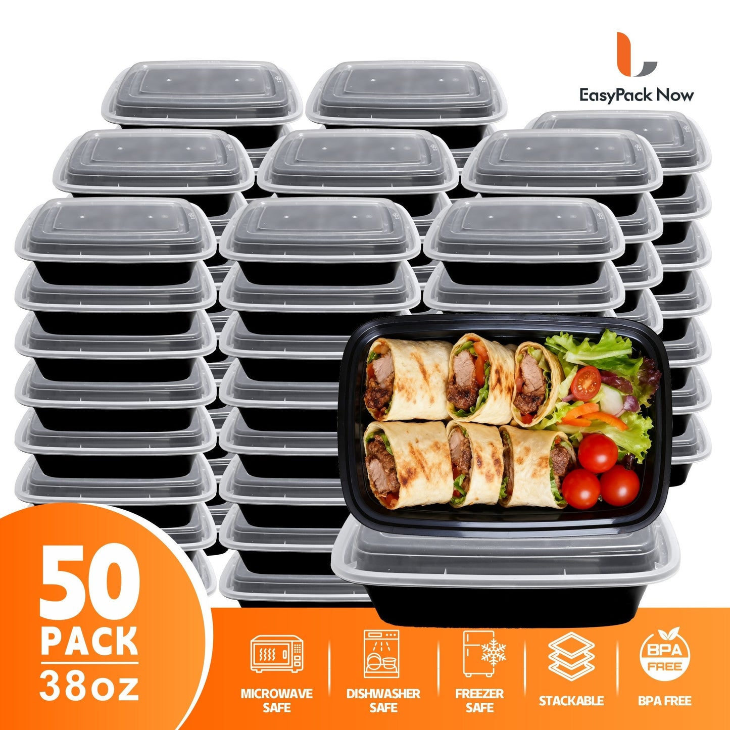 Food Storage Containers 50-Container Meal Prep Set with 50 Lids, 32 oz or 38 oz Capacity Options