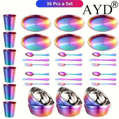 Camping Tableware Set Stainless Steel Rainbow Plates Bowls Cups with Forks Spoons Knives Outdoor for Camping, Travel and Outdoor Use