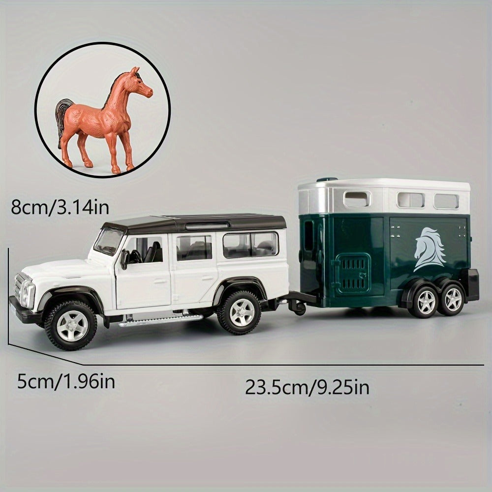 RMZCity 1:36 Scale Zinc Alloy Pull Back Car with Horse Trailer & Horse Vehicle, Openable Doors Diecast Toy Set for Kids & Adults