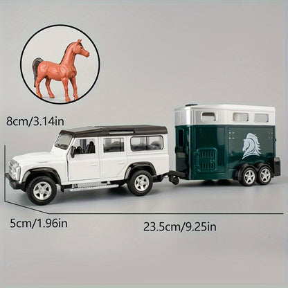 RMZCity 1:36 Scale Zinc Alloy Pull Back Car with Horse Trailer & Horse Vehicle, Openable Doors Diecast Toy Set for Kids & Adults