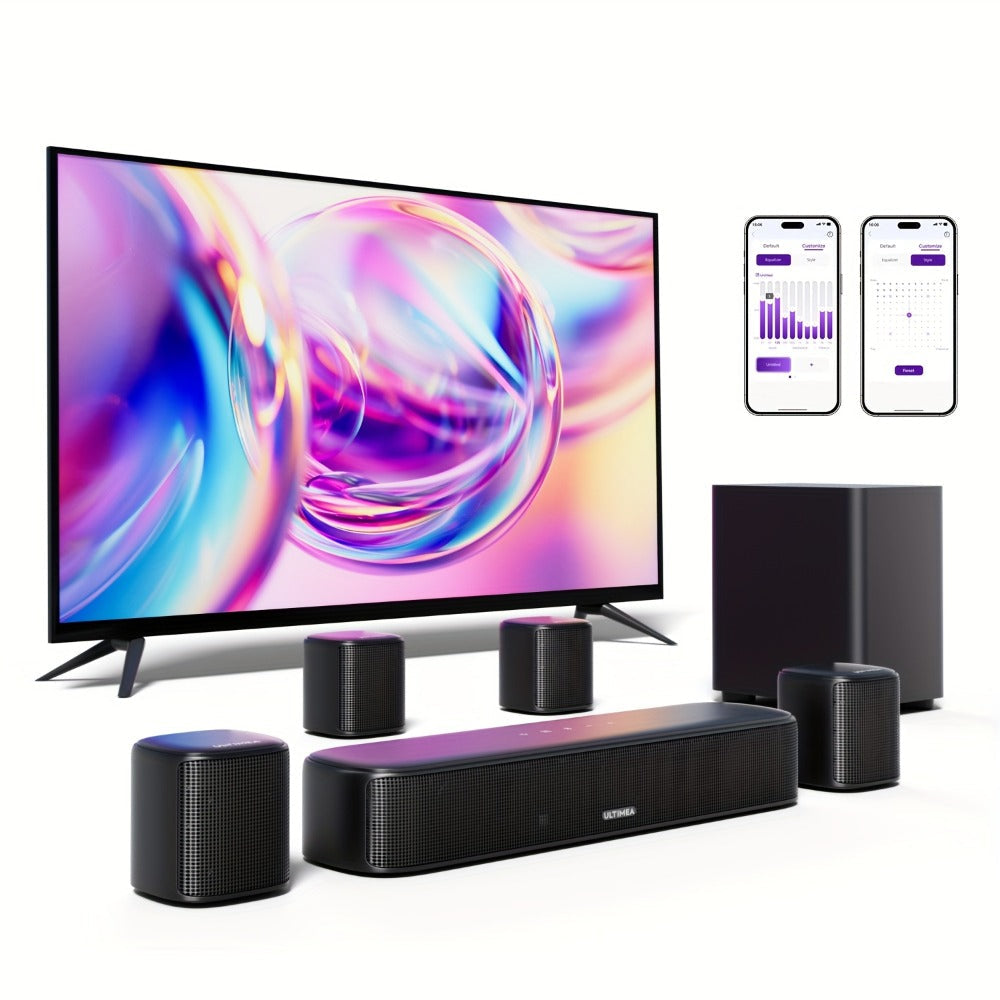 5.1 Surround Sound Bar System with Wired Subwoofer 2 Surround Speakers App Control for Bedside Audio, Alarms and Room Entertainment