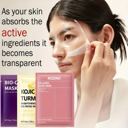 Face Mask, ROZINO 15-Piece Collagen Sheet Assortment with Bio-Collagen and Kojic Acid Turmeric Packets