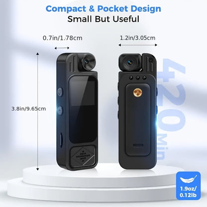 1080P Body Camera with 180-Degree Rotating Lens, Small Screen, Audio and Optional 32GB SD Card