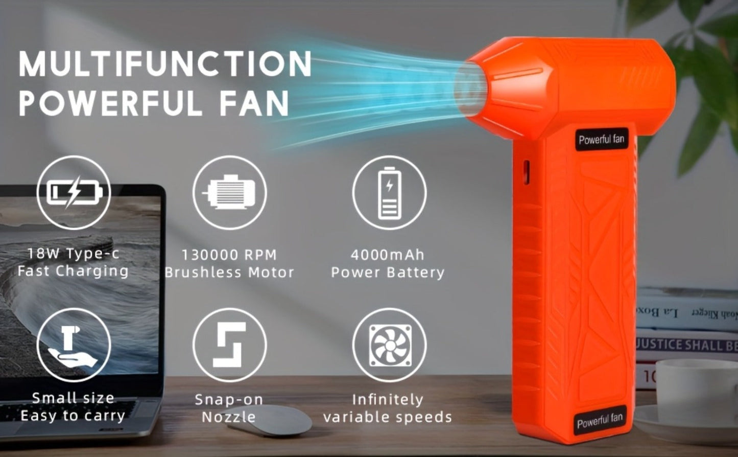 130000 RPM USB Turbo Fan Cleaner, Portable Handheld Electric Air Blower for Car Detailing, Dust Removal