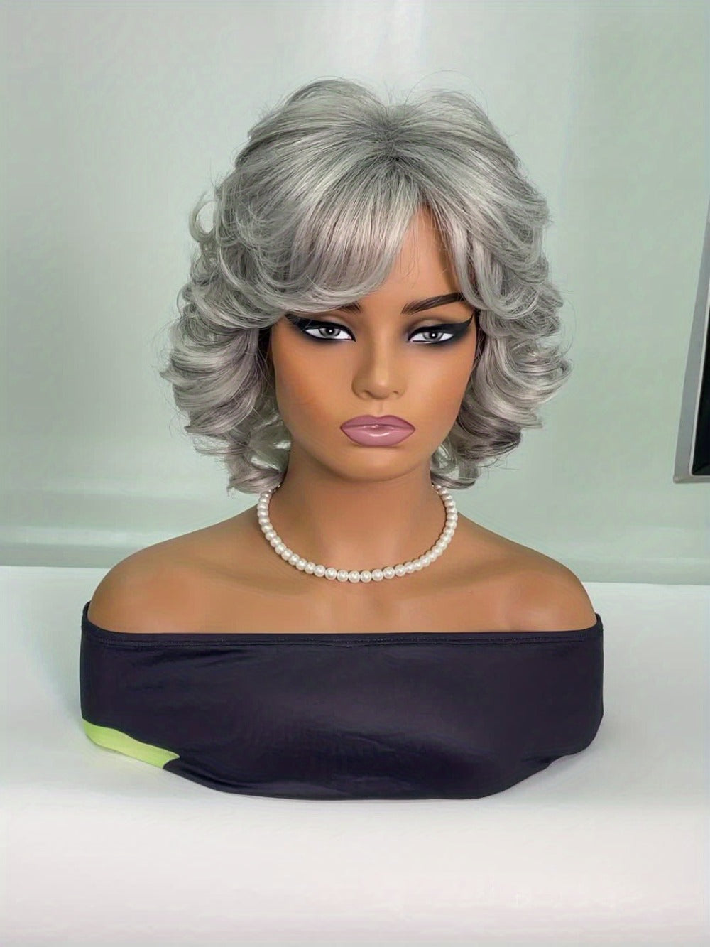 Synthetic Wig 12-Inch Silver Grey Short Curls with Bangs and Adjustable Rose Net Cap for Cosplay Looks