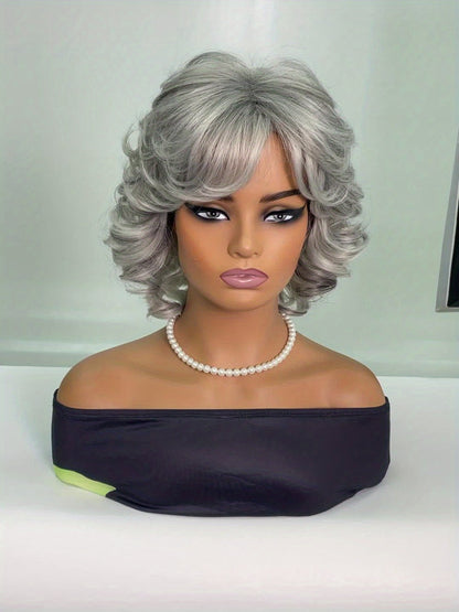 Synthetic Wig 12-Inch Silver Grey Short Curls with Bangs and Adjustable Rose Net Cap for Cosplay Looks