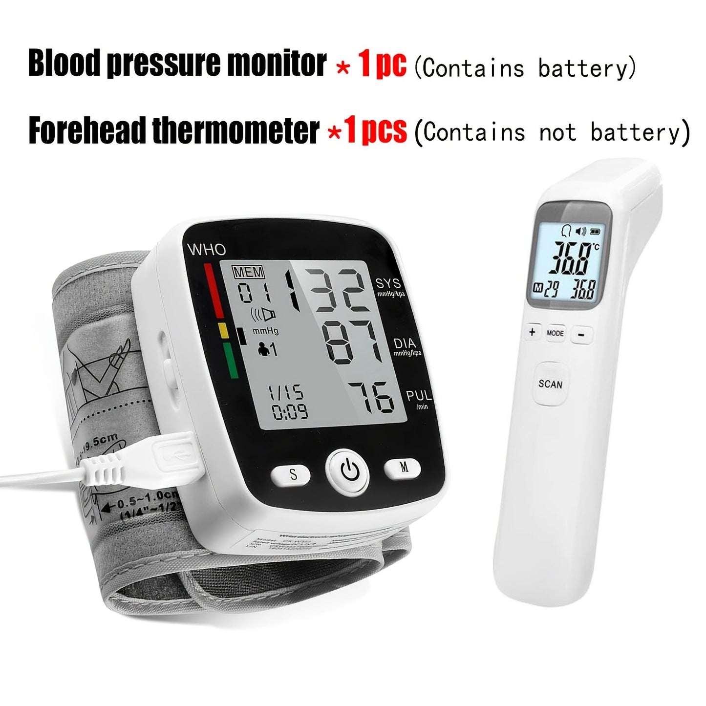 Blood Pressure Monitor Wrist & Forehead Thermometer 2-in-1 Set, Rechargeable with 2x99 Memory, Large LCD