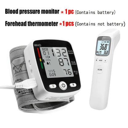 Blood Pressure Monitor Wrist & Forehead Thermometer 2-in-1 Set, Rechargeable with 2x99 Memory, Large LCD