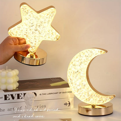 Crystal Touch Table Lamp Rechargeable, Moon & Star Dimmable LED Night Light with 3-Color Modes for Bedroom